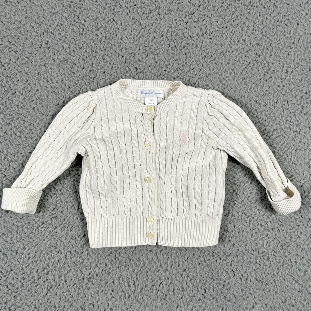 Ralph Lauren Baby Cable Knit Cardigan Sweater 6M Button Up Cream Pink Cotton